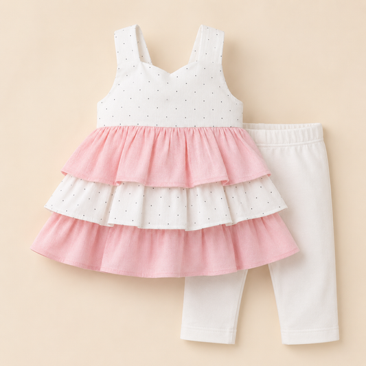 ⭕️ Conjunto 2 Piezas Niña Rosa y Blanco con Top Volantes y Leggings | Mara Baby