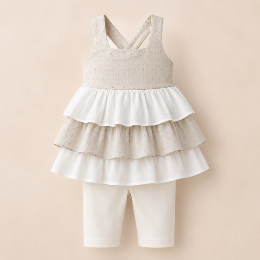 ⭕️ Conjunto 2 Piezas Niña Beige con Top Volantes y Leggings | Mara Baby