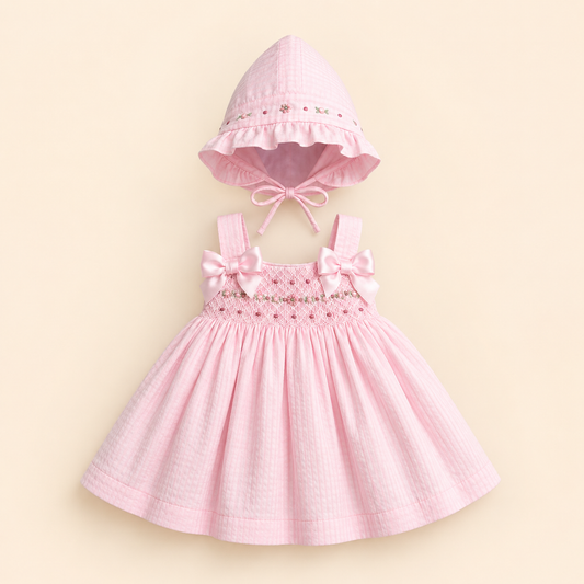 ⭕️ Vestido Bordado Smock Rosa con Sombrero | Mara Baby