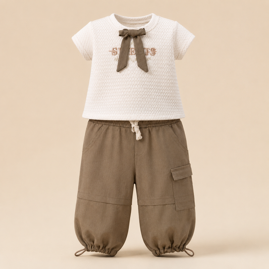 ⭕️ Conjunto 2 Piezas Niña | Top Bouclé Blanco “Sweets” Lazo Khaki + Pantalón Cargo Khaki | Mara Baby