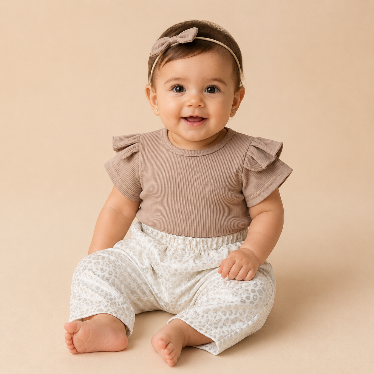 ⭕️Conjunto 2 Piezas Bebé Niña | Top Camel Acanalado Mangas Mariposa + Short Leopardo Crema | Mara Baby