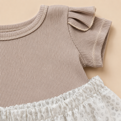⭕️Conjunto 2 Piezas Bebé Niña | Top Camel Acanalado Mangas Mariposa + Short Leopardo Crema | Mara Baby
