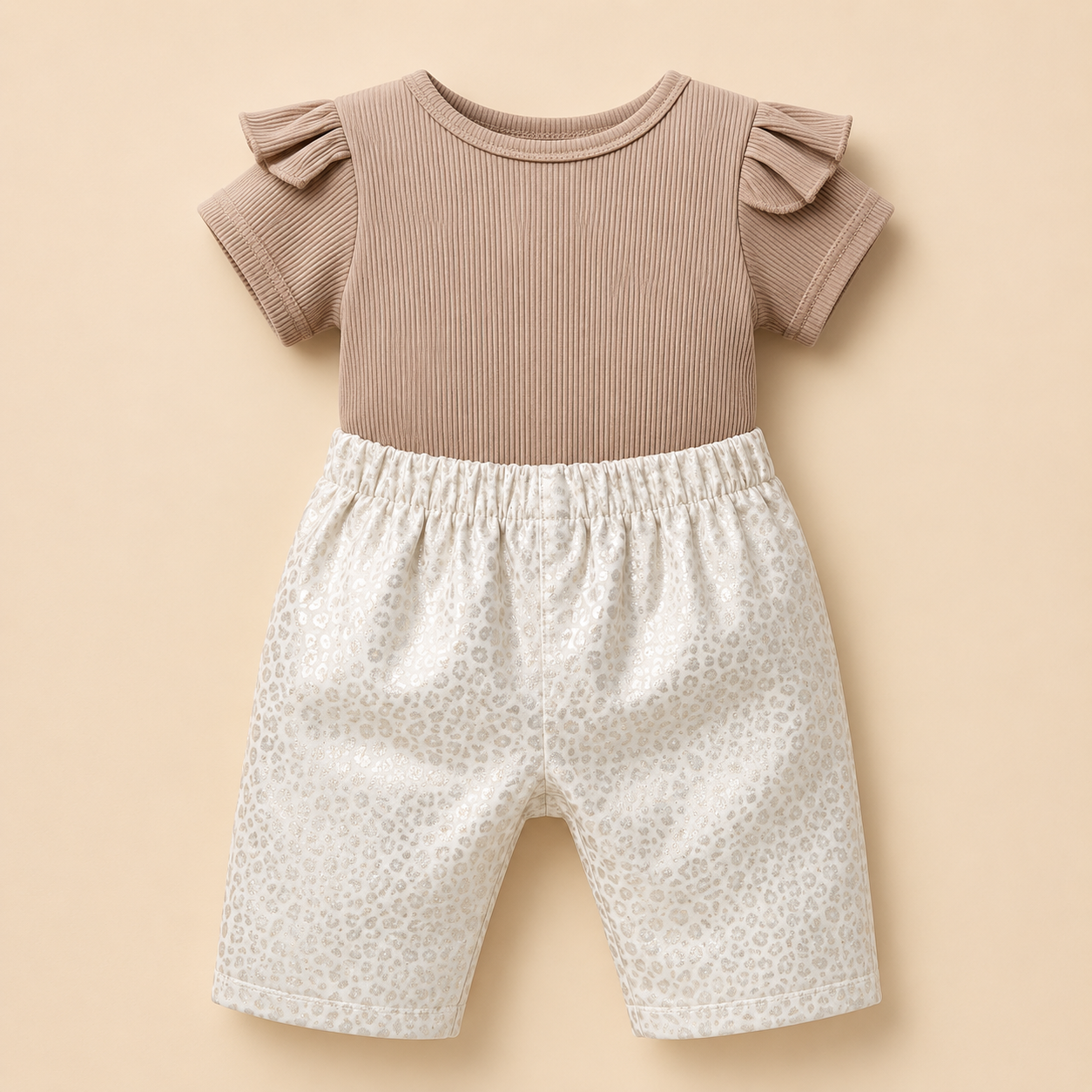 ⭕️Conjunto 2 Piezas Bebé Niña | Top Camel Acanalado Mangas Mariposa + Short Leopardo Crema | Mara Baby