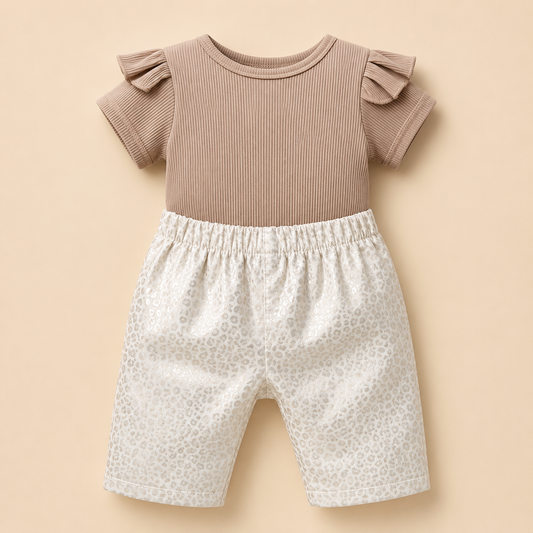 ⭕️Conjunto 2 Piezas Bebé Niña | Top Camel Acanalado Mangas Mariposa + Short Leopardo Crema | Mara Baby