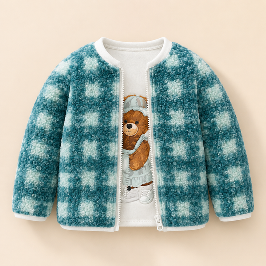 ⭕️ Conjunto 2 Piezas Niño Niña | Chaqueta Sherpa Azul Cuadros Cremallera + Camiseta Osito Deportivo |