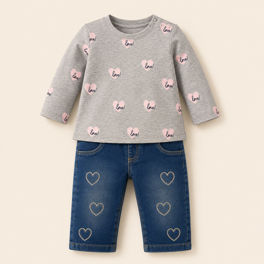 ⭕️ Conjunto 2 Piezas Bebé Niña | Camiseta Gris Corazones “Love!” + Jean Azul Corazones Bordados | Mara Baby