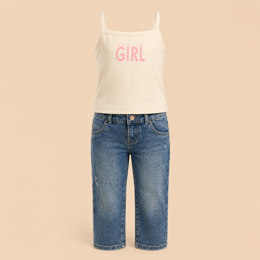 ⭕️ Conjunto 2 Piezas Niña | Top Tirantes Crema “GIRL” + Jean Capri Azul Desgastado Flores |