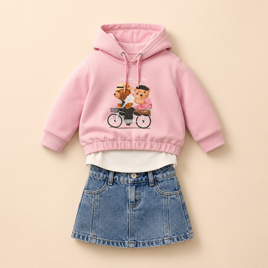 ⭕️ Conjunto 3 Piezas Niña | Hoodie Rosa Ositos Happy Ride + Camiseta Blanca + Falda Denim | Mara Baby