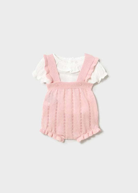 ⭕️ Conjunto Recién Nacida Rosa | Peto Tricot Calado Bombacho + Blusa Volantes | Mara Baby