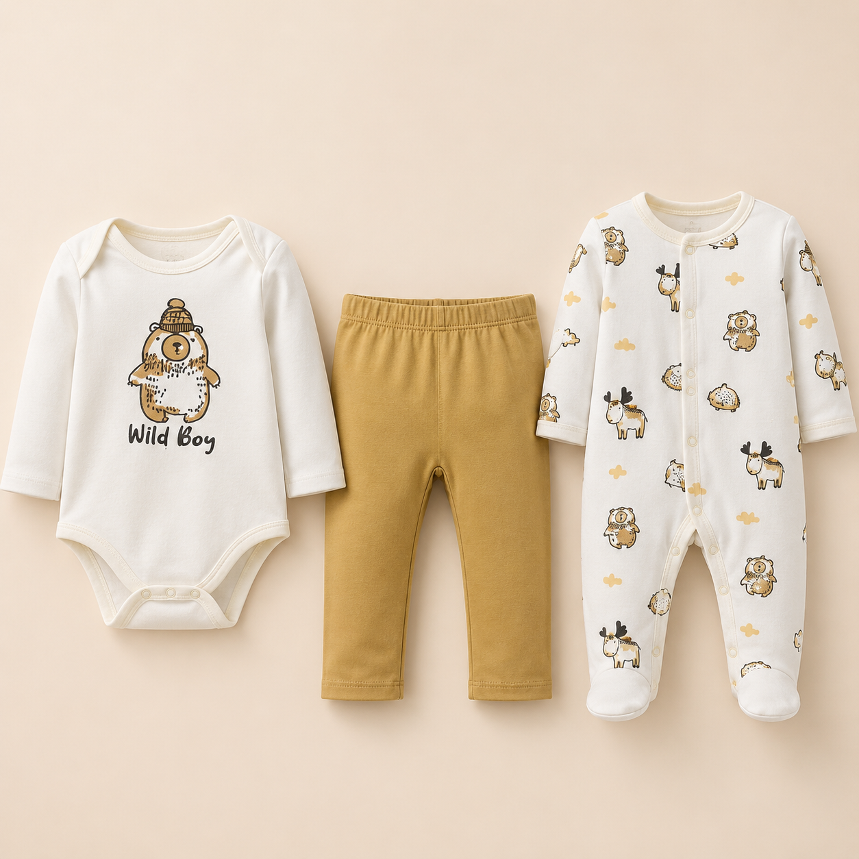 ⭕️ CONJUNTO 3 PIEZAS PIJAMA MOSTAZA|MARA BABY