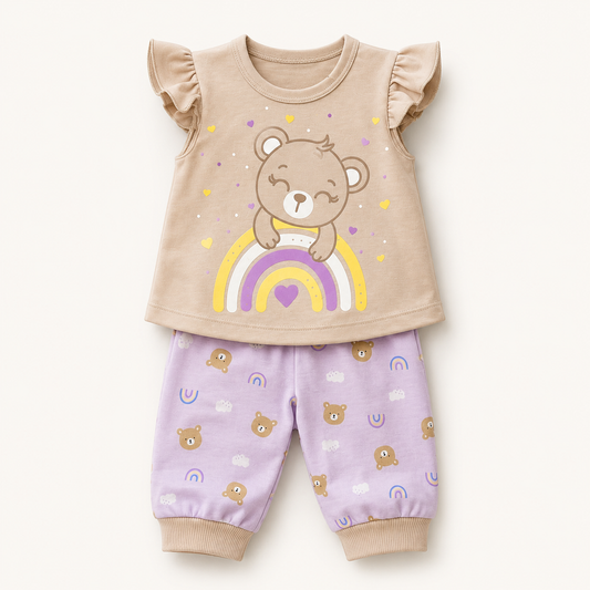 ⭕️ Conjunto 2 Piezas Bebé Niña | Camiseta Osita Arcoíris Mangas Mariposa + Pantalón Lila | Mara Baby