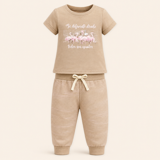 ⭕️ Conjunto 2 Piezas Niña Beige | Camiseta Flamencos “Sé Diferente” + Jogger Textura | Mara Baby