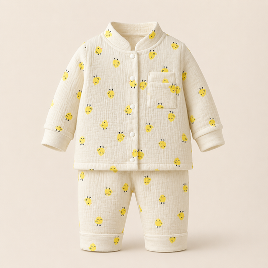 ⚪️ Pijama 2 Piezas Bebé | Pollitos Amarillos All-Over, Tela Acolchada Crema y Cuello Mao | Mara Baby