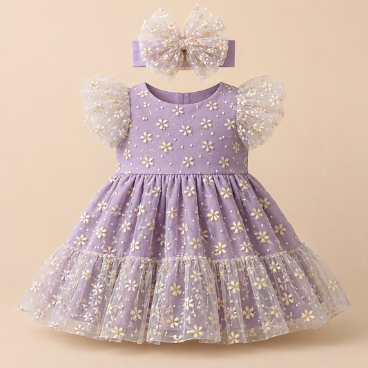 ⭕️ Vestido Niña Gala Lila | Flores 3D Doradas, Mangas Tul Crema Multicapa y Diadema Moño |