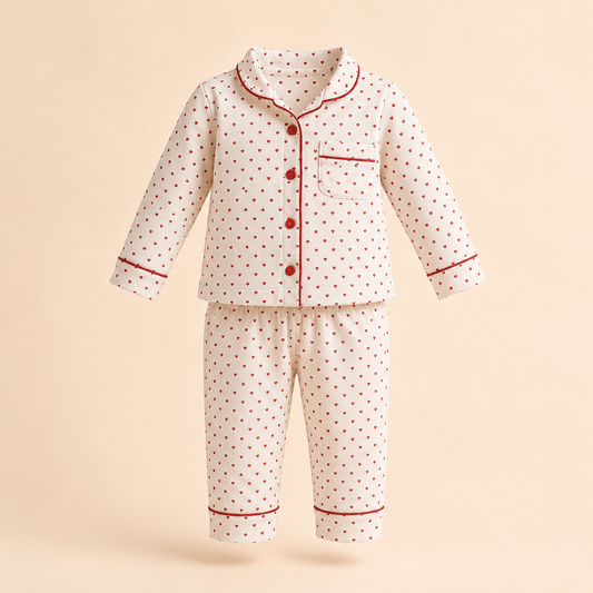 ⚪️ Pijama 2 Piezas Niña | Corazones Rojos All-Over, Camisa Sastre y Pantalón Largo | Mara Baby