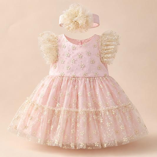 ⭕️ Vestido Niña Gala Rosa | Flores 3D Doradas, Mangas Tul Multicapa y Diadema Floral | Mara Baby