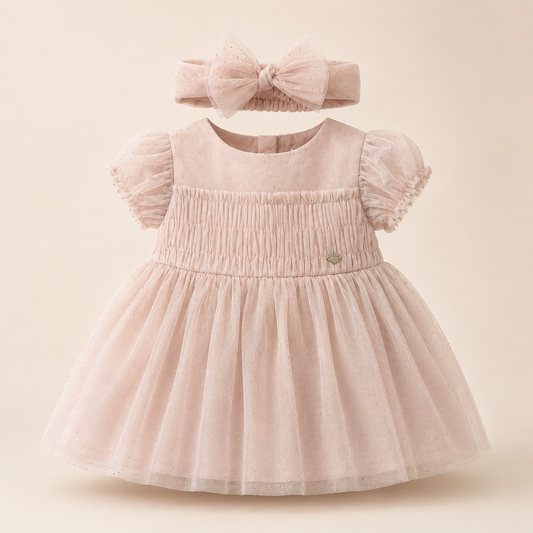 ⭕️ Vestido Bebé Niña Tul Rosa Palo | Mangas Puff, Cintura Smocked y Diadema | Mayoral