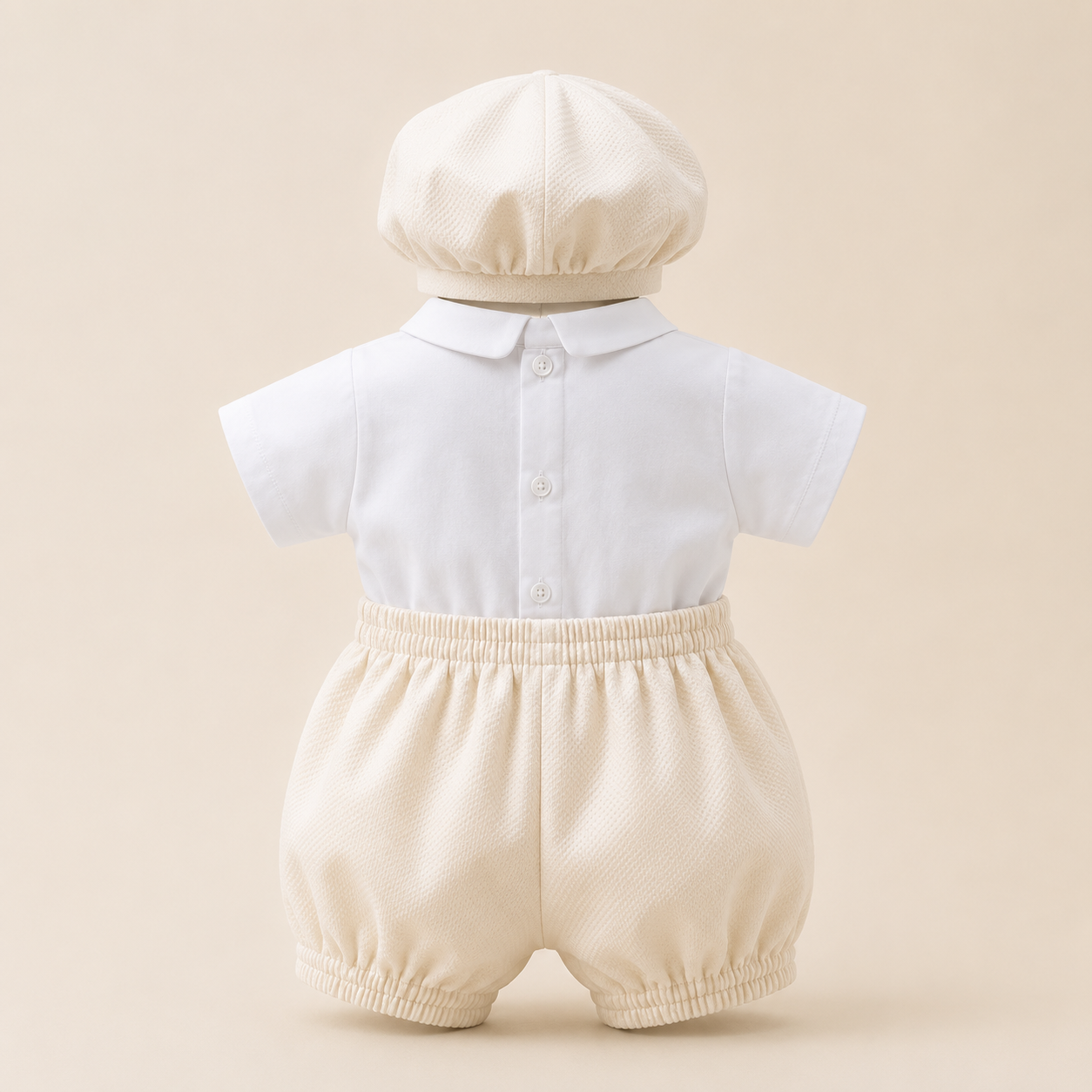⚪️Conjunto de Bautizo para Bebé Niño | Camisa Blanca, Pantalón Beige y Gorra | Set Elegante 3 Piezas