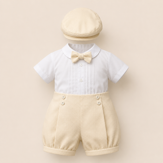 ⚪️Conjunto de Bautizo para Bebé Niño | Camisa Blanca, Pantalón Beige y Gorra | Set Elegante 3 Piezas
