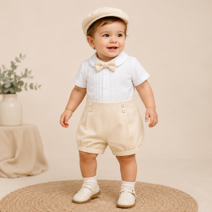 ⚪️Conjunto de Bautizo para Bebé Niño | Camisa Blanca, Pantalón Beige y Gorra | Set Elegante 3 Piezas