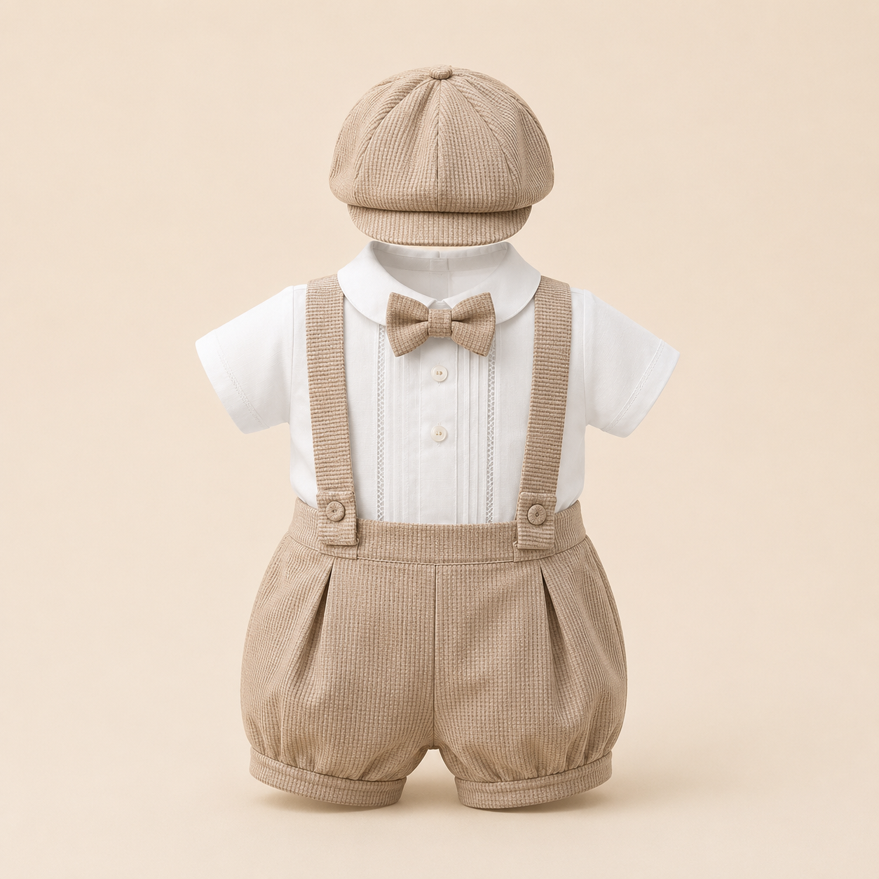 ⚪️ Conjunto de Bautizo para Bebé Niño con Tirantes | Camisa Blanca, Short Khaki y Gorra | Set Elegante 3 Piezas