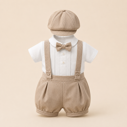 ⚪️ Conjunto de Bautizo para Bebé Niño con Tirantes | Camisa Blanca, Short Khaki y Gorra | Set Elegante 3 Piezas