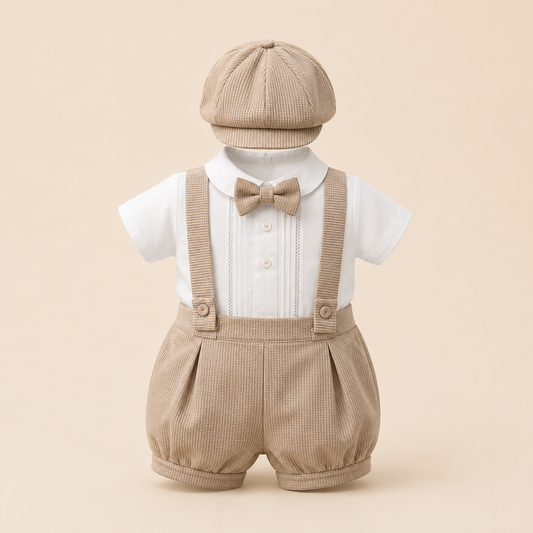 ⚪️ Conjunto de Bautizo para Bebé Niño con Tirantes | Camisa Blanca, Short Khaki y Gorra | Set Elegante 3 Piezas