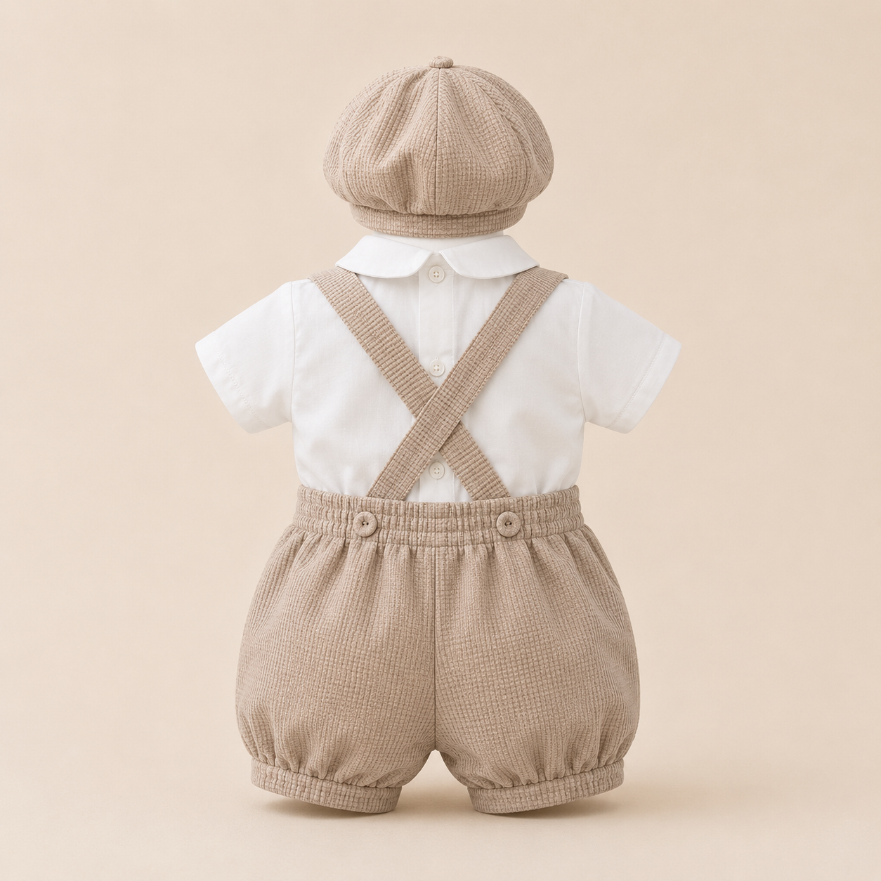 ⚪️ Conjunto de Bautizo para Bebé Niño con Tirantes | Camisa Blanca, Short Khaki y Gorra | Set Elegante 3 Piezas