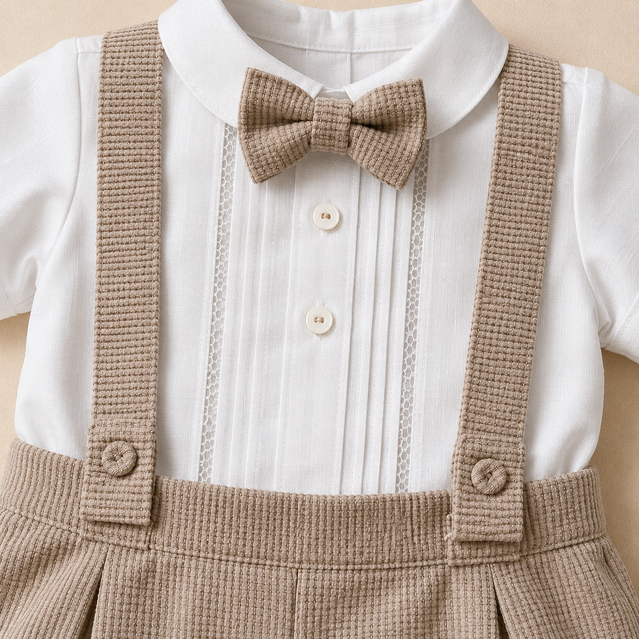 ⚪️ Conjunto de Bautizo para Bebé Niño con Tirantes | Camisa Blanca, Short Khaki y Gorra | Set Elegante 3 Piezas
