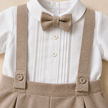 ⚪️ Conjunto de Bautizo para Bebé Niño con Tirantes | Camisa Blanca, Short Khaki y Gorra | Set Elegante 3 Piezas