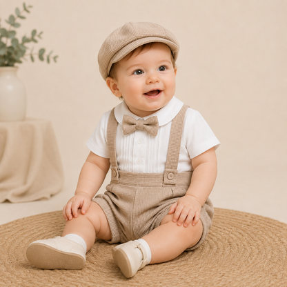 ⚪️ Conjunto de Bautizo para Bebé Niño con Tirantes | Camisa Blanca, Short Khaki y Gorra | Set Elegante 3 Piezas