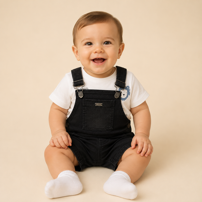 ⭕️ Overol Candy León Bebé – Peto Denim Negro con Camiseta Blanca y Bordado de León