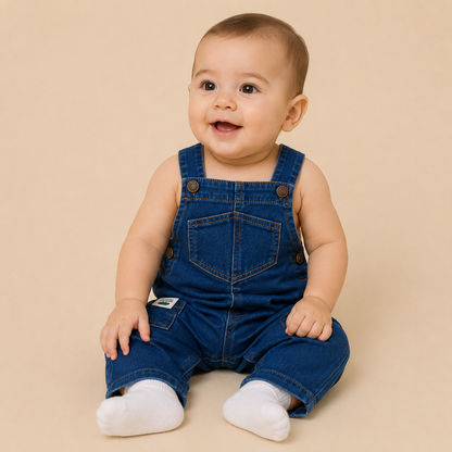 ⭕️ Overol Europeo Denim Bebé – Peto Jean Azul Lavado con Tirantes Cruzados y Parche