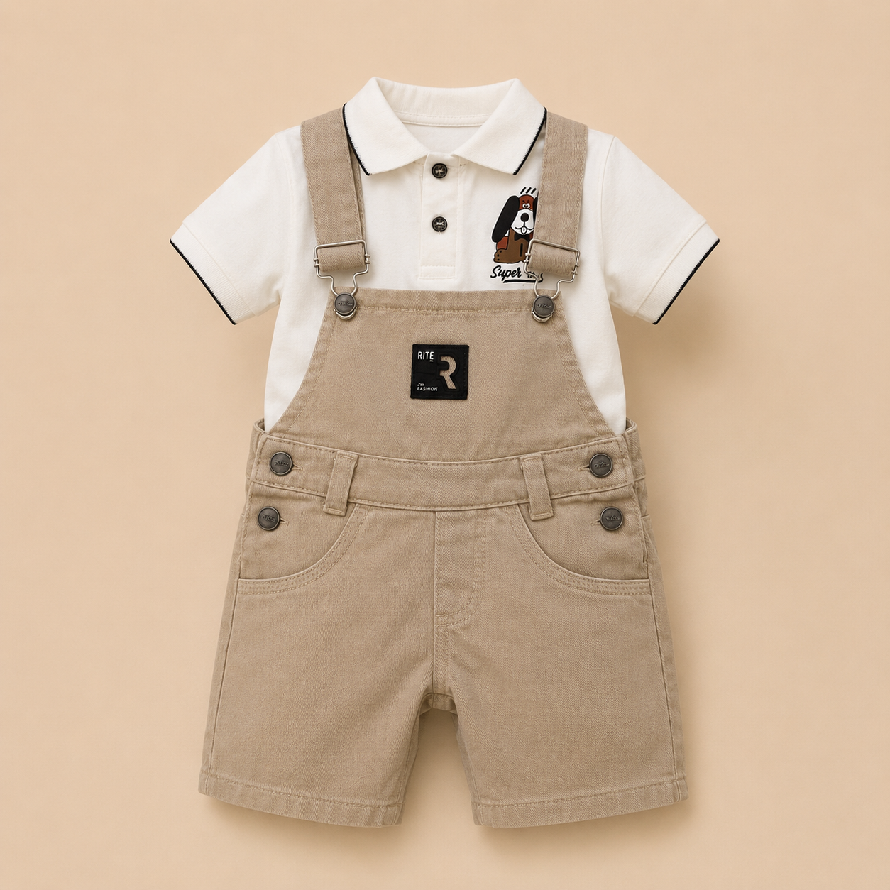 ⭕️ Conjunto Overol Kids Dog Bebé – Polo Blanco Super Dog y Short Peto Caqui Rite Fashion