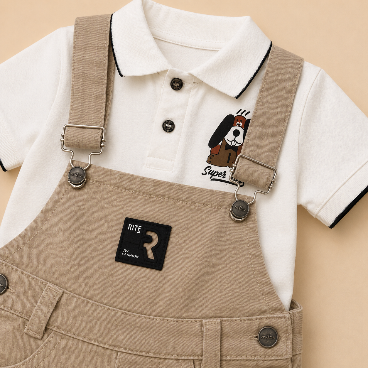 ⭕️ Conjunto Overol Kids Dog Bebé – Polo Blanco Super Dog y Short Peto Caqui Rite Fashion