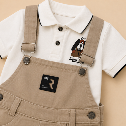 ⭕️ Conjunto Overol Kids Dog Bebé – Polo Blanco Super Dog y Short Peto Caqui Rite Fashion