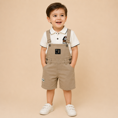 ⭕️ Conjunto Overol Kids Dog Bebé – Polo Blanco Super Dog y Short Peto Caqui Rite Fashion