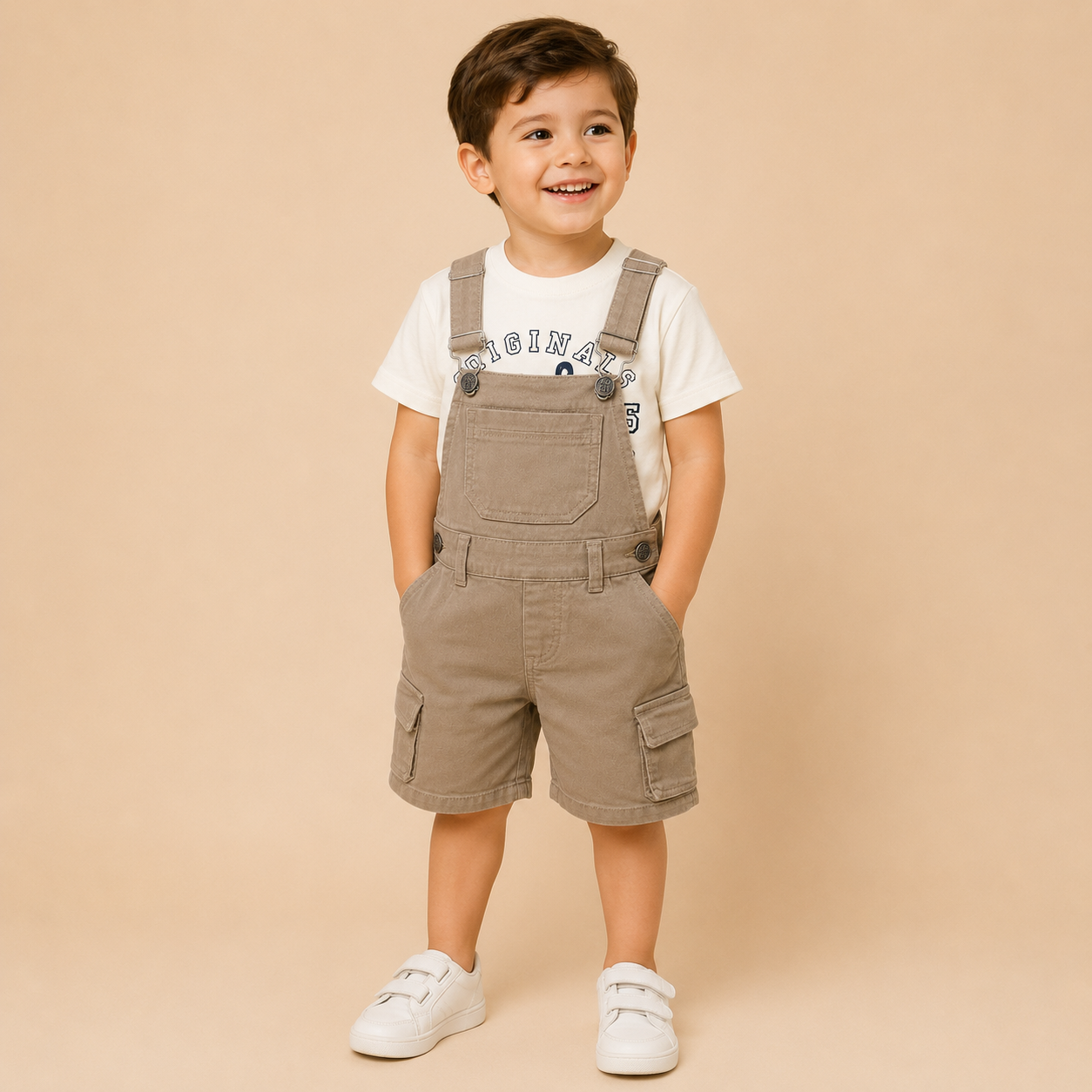 ⭕️ Conjunto Overol Kids Originals Bebé – Camiseta Blanca Originals y Peto Cargo Caqui