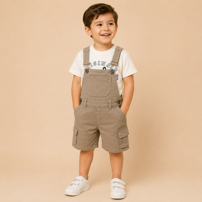 ⭕️ Conjunto Overol Kids Originals Bebé – Camiseta Blanca Originals y Peto Cargo Caqui