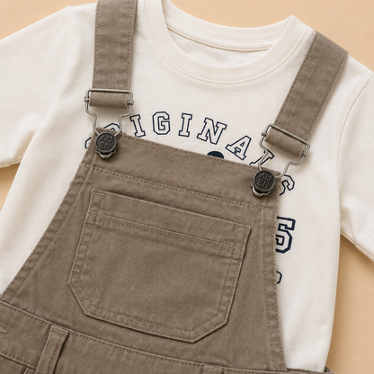⭕️ Conjunto Overol Kids Originals Bebé – Camiseta Blanca Originals y Peto Cargo Caqui
