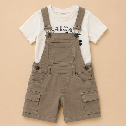 ⭕️ Conjunto Overol Kids Originals Bebé – Camiseta Blanca Originals y Peto Cargo Caqui