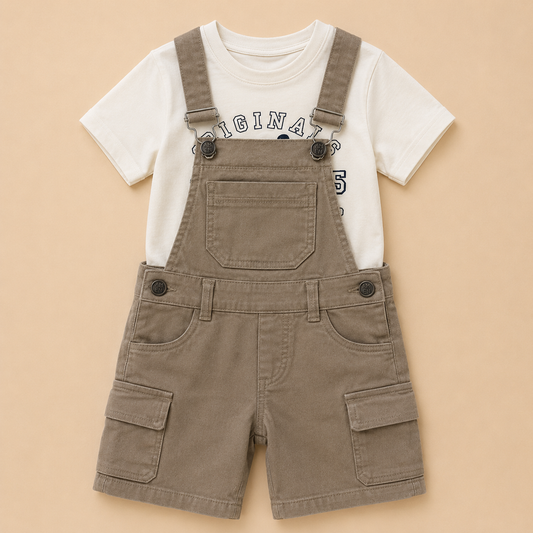 ⭕️ Conjunto Overol Kids Originals Bebé – Camiseta Blanca Originals y Peto Cargo Caqui