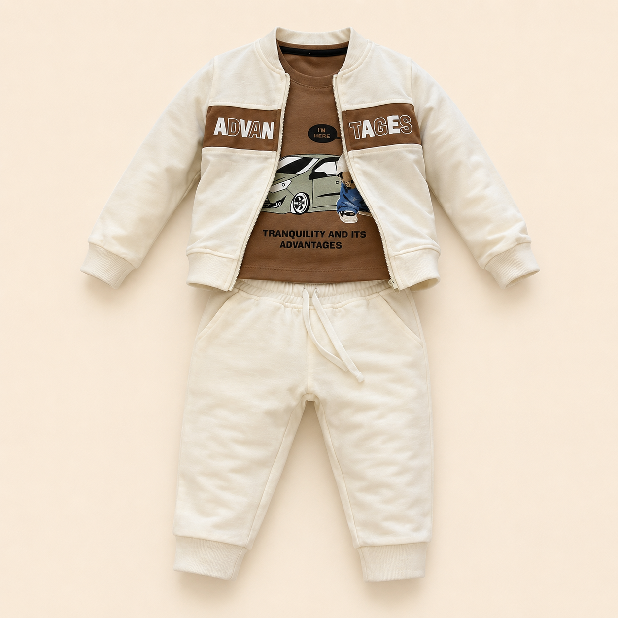 ⭕️  Conjunto Casual 3 Piezas Bebé – Chaqueta Bomber Crema, Camiseta Café Advantages y Pantalón Jogger