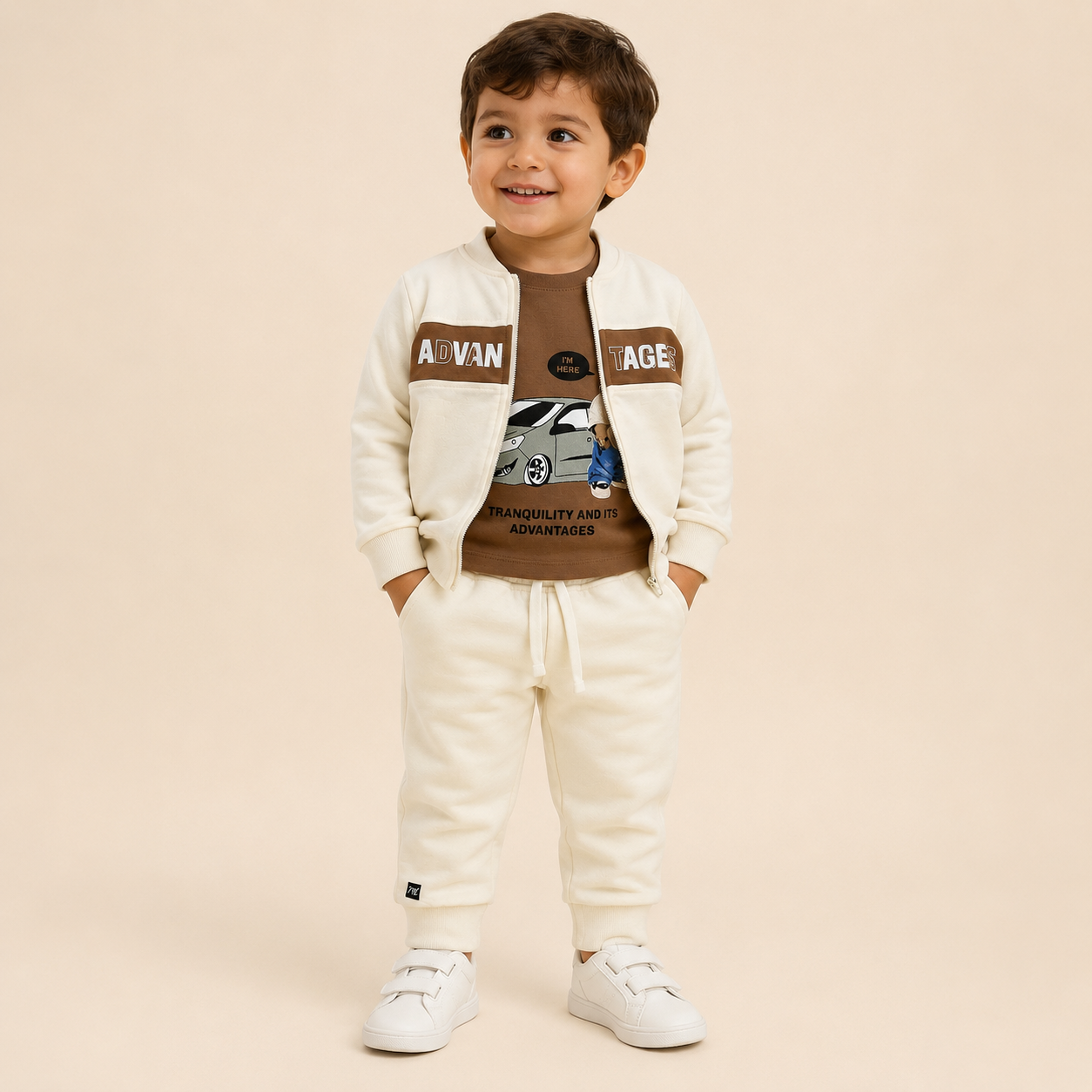 ⭕️  Conjunto Casual 3 Piezas Bebé – Chaqueta Bomber Crema, Camiseta Café Advantages y Pantalón Jogger