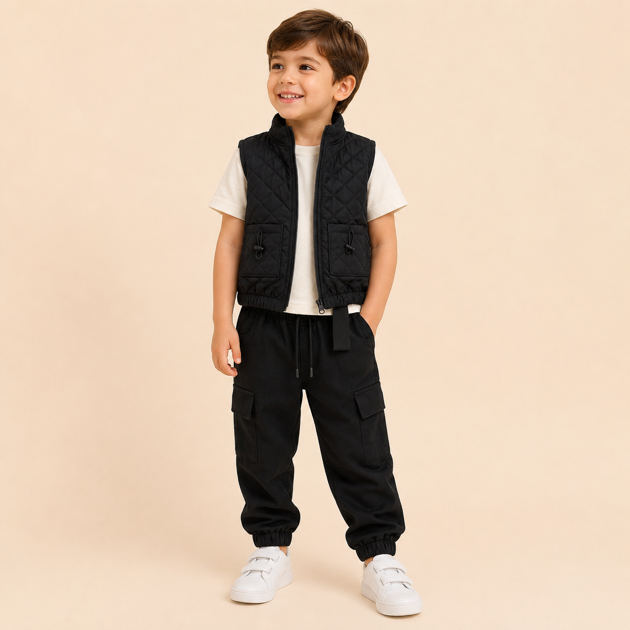 ⭕️Conjunto 3 Piezas Bebé – Chaleco Táctico Negro, Camiseta Blanca y Pantalón Cargo Negro
