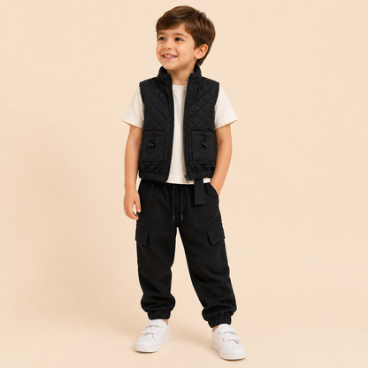 ⭕️Conjunto 3 Piezas Bebé – Chaleco Táctico Negro, Camiseta Blanca y Pantalón Cargo Negro