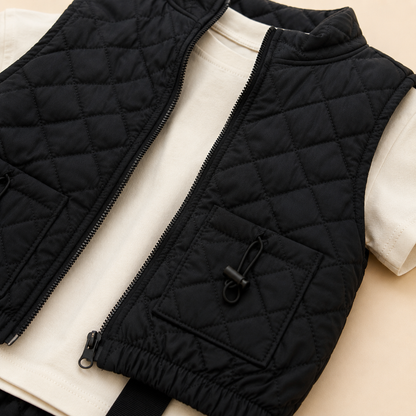 ⭕️Conjunto 3 Piezas Bebé – Chaleco Táctico Negro, Camiseta Blanca y Pantalón Cargo Negro