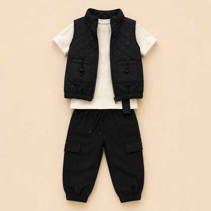 ⭕️Conjunto 3 Piezas Bebé – Chaleco Táctico Negro, Camiseta Blanca y Pantalón Cargo Negro