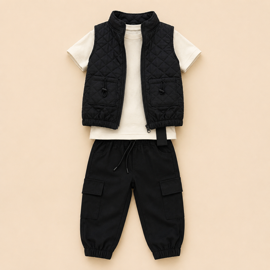 ⭕️Conjunto 3 Piezas Bebé – Chaleco Táctico Negro, Camiseta Blanca y Pantalón Cargo Negro