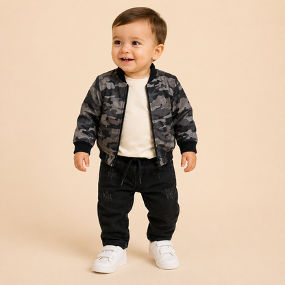 ⭕️ Conjunto 3 Piezas Bebé – Chaqueta Bomber Camuflada, Camiseta Blanca y Jean Negro Bordado